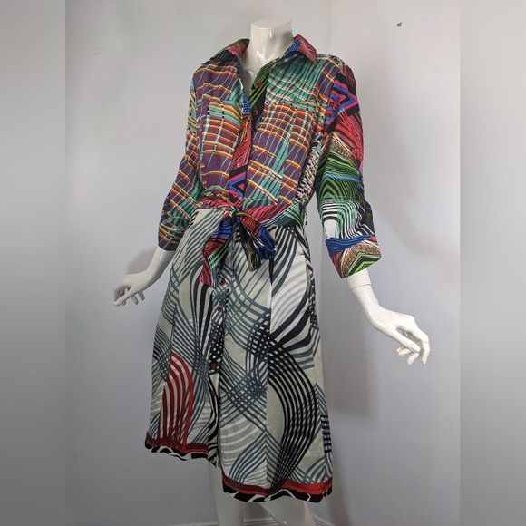 Desigual Shirt dress, vibrant print dress with pockets stripes size large - Picture 2 of 10